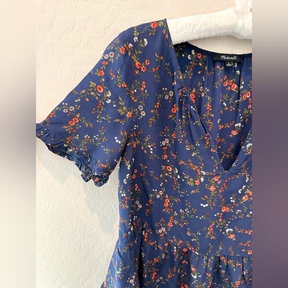 MADEWELL | 100% Silk Blue Stanza Floral Ruffle Peplum Blouse | Size Small - Picture 5 of 8